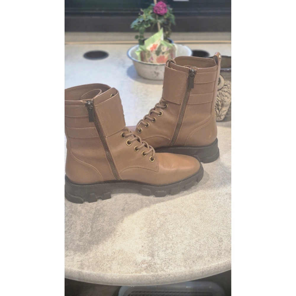 Michael Kors Brown Leather Combat Boots Lug Sole Moto Buckle Side Zip Women 7.5 - Picture 11 of 16